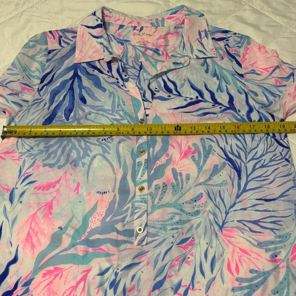 Lilly Pulitzer‎ Women’s S Cotton Tunic Top Button Front Pink Blue Tropical Print - Picture 9 of 11